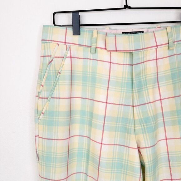 IJP Ian Poulter Design Men’s Yellow Blue Wool Blend Spring Pastel Plaid Golf Pan - Picture 3 of 10